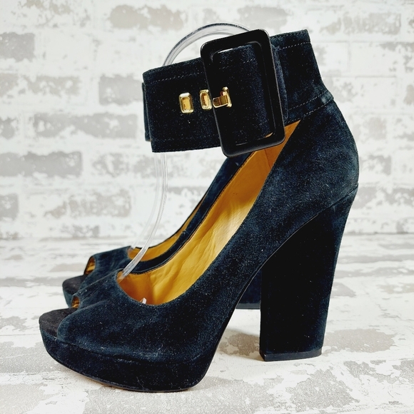 Nine West Ivorie Navy Blue Ankle Strap Buckle OpenToe Platform Chunky Heels i635 - Picture 1 of 12
